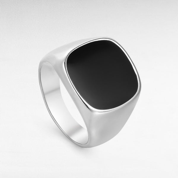 Stainless Steel Signet Ring with Black Enamel Inlay