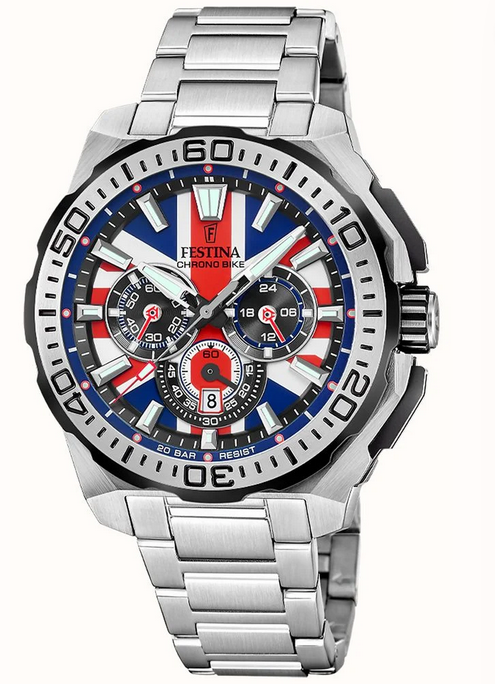 Festina UK Limited Edition 2025 Chrono Bike Watch -Union Jack With Steel Strap - F20724/A