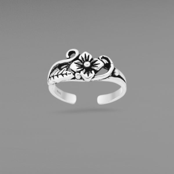 Sterling Silver Adjustable Oxidized Flower Toe Ring